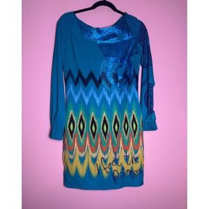 Desigual Ikat Chevron Mini Dress M Womens Teal Multi Sequin Embroidered Boho